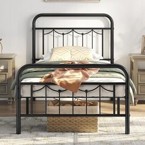 Yaheetech Cadre de Lit en Métal 90x200cm avec Tête et Pied de Lit Vintage Support de Lattes Solides Grand Rangement sous Le Lit Noir