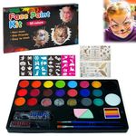 MULZI Face and Body Paint Kit for Kids: 20 Water Based, Non-Toxic Oil Palette, Ideal for Halloween Makeup, Parties - Includes 2 Hair Chalk Combs, 32 Stencils, 3 Glitters, 2 Paint Brushes