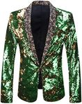 PYJTRL Men Stylish Two Color Conversion Shiny Sequins Blazer Suit Jacket (Gold + Green, XS)