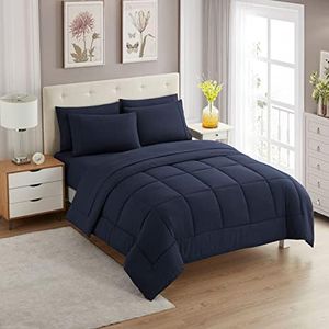 King Size Comforter Set with Sheets 7-Piece Bedding Collection - 1 Comforter, 1 Fitted Sheet, 1 Flat, 4 Pillowcases - Deep Pocket - Soft & Breathable Premium Quality - Ideal for All Seasons, Navy Blue