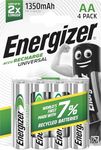 Energizer Recharge Universal - Rechargeable AA Batteries (4 Pack) - 1350 mAh NiMH Double A Battery - 100% Recyclable Plastic Free Packaging