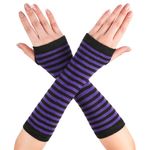 Arm Warmers Fingerless Gloves for Women Long Fingerless Gloves Knit Stretchy Thumbhole Striped Gloves (Purple and Black）