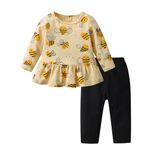 Infant Baby Girl Clothes Fall Outfit Long Sleeves Ruffle Animal Print Pullover Top Pant Outfit Set Yellow 2-3T