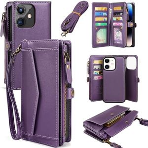 DKDKSIP for iPhone 12 Case, iPhone 12 Pro 6.1" Wallet Case for Women, Support Wireless Charging with RFID Blocking Card Holder, Leather Detachable Magnetic Phone Case with Crossbody Strap, Purple