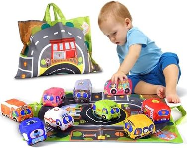 Adpartner Soft Car Toys for 1 Year Old Boy with Playmat/Storage Bag, 9PCS Cloth Stuffed Car Vehicle Toys Set with Play Mat Baby Toys for 6+ Months Babies Infants, 1st Birthday Gifts for Toddlers Kids