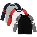 amropi Baby Boys 3 Pack Striped T-Shirt Long Sleeve Cotton Crew Neck Tee Shirts Top Grey White Black, 5-6 Years