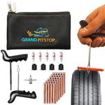 GRAND PITSTOP Universal Tire Puncture Repair Kit includes T Handle for insertion X 1, Tire Reamer Tool X 1, 4 ways valve stem tool X 1, Valves X 4, Cutter X 1, Repair Plugs X 30