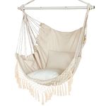 Hammock Chair, Hanging Rope Swing Seat with 2 Cushions,Macrame Hanging Chair Side Pocket with High Load-Bearing Metal Rod,for Indoor, Outdoor, Extra Comfortable