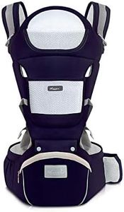 SONARIN Porte-bébé ergonomique avec Siège de Hanche/Pur coton, support de tête, multiposition: dorsal, ventral, réglable pour nouveau-né et enfant de 0 à 36 mois (jusqu'à 30 kg) Bleu