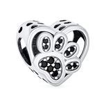 Black CZ Best Friend Cat Puppy Kitten BFF Pet Dog Lover Heart Shape Paw Print Charm Bead For Women Teen .925 Silver Fits European Bracelet