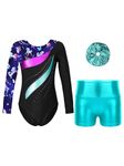 CHICTRY Kids Girls Long Sleeve Gymnastics Leotard Workout Bodysuit with Shorts 2 Pieces Set Tracksuit Tumbling Dance Outfits Type A1 Blue Green 5-6 Years