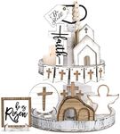 Easter Tiered Tray Decor Easter Table Wooden Sign Decorations He is Risen Cross Tabletop Farmhouse Decor for Easter Kitchen Home Party Holiday (Cross Style, 12 Pcs)