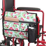 Wheelchair Storage Bag, Wheelchair Double-Sided Armrest Pouch with Cup Holder and Reflective Strip, for Wheelchairs and Walkers (White Floral)