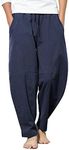 COOFANDY Men's Linen Yoga Pants Elastic Waist Drawstring Summer Leisure Pants Navy Blue M