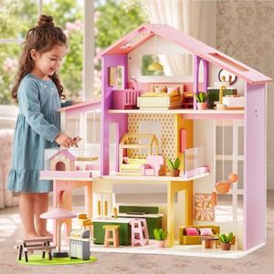 Tiny Land Wooden Doll House, Modern Family Dollhouse with Realistic Design