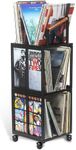 Vinyl Record Storage Vinyl Rack - 175+ Vinyl Record Holder Stand with wheels in black metal and leather - Vinyl Storage Record Display Stand - Compact Vinyl Records Holder - Record Rack - Vinyl Holder