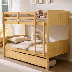 AMERLIFE Twin Over Twin Bunk Bed with Storage Drawers, Solid Rubberwood 2-in-1 Convertible Loft Beds with Ladders, Modern Detachable Bed Frame for Kids and Teens Bedroom, Natural Wood