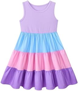 Girls Summer Dress Casual Coloful Purple Pink Blue Sleeveless Tiered Swing Vintage Cotton Dresses for School Holiday Sports 4-5 Years