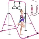 Gymnastics Bar Kids Teen Home Grip Training Boys Girls Gift Set, Asymmetric Training Bar Equipment Folding Adjustable Height Expandable Horizontal Bars Junior for Age 3-8 Years Old (Pink with Bar Set)