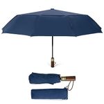 ECOHUB Travel Umbrella Windproof Strong With Compact Foldable, Automatic Open/Close, 10 Sturdy Ribs, Recycled PET Fabric, Wooden Handle & Ventilated Waterproof Canopy - Anti-Lost Sleeve, Navy Blue