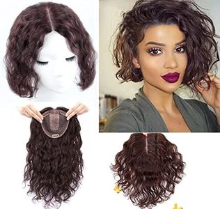 16" Side Part Curly Wavy Human Hair Topper Clip in Crown Topper Hair Extensions for Thinning Hair Natural Top Hair Piece Topper Clip on Toupee for Women Cover Gray Hair (Middle Part/Dark Brown）