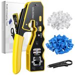 Proster RJ45 Crimp Tool Kit - Pass Through RJ45 Crimper for Cat6 Cat6a Cat5 Cat5e with 50 PCS CAT6 Pass Through Connectors 50 PCS Cat6 Protection Covers Stripper Ethernet RJ45 Crimping Tool - Yellow