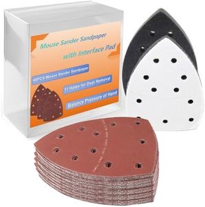 48pcs 152 * 105mm Sand Paper Mouse Sander Sandpaper 40-2000 Grits with 2pcs Detail Sander Paper Interface Pad Hook and Loop Triangle Sanding Pads with 11 Holes for Sanding Machine