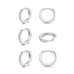 925 Sterling Silver Post Small Hoop Earrings Cubic Zirconia Huggie Hoop Earrings,3 Pairs 14K White Gold Plated Cartilage Piercing Earrings Ear Cuff Tiny Hoop Earrings for Women Men 8mm 10mm 12mm, Metal, Cubic Zirconia