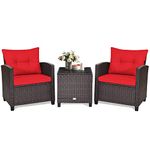 KOTEK 3 Piece Patio Furniture Set, Outdoor Conversation Set with Washable Cushions & Tempered Glass Tabletop, PE Rattan Wicker Bistro Set for Porch, Garden, Balcony (Red)