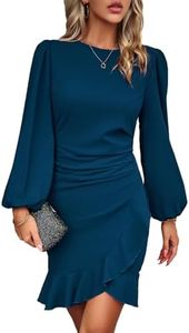 TcIFE Vestido Mujer de Cóctel Manga Larga Cuello Redondo Vestido de Ruched Volante Dobladillo Bodycon Mini Vestidos para Fiesta Invitada Bodas Noche, Azul Claro, L