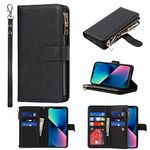 Jaorty Wallet Case Compatible with iPhone 13 Case,[9 Card Slots] [Wrist Strap] [Stand Feature] Zipper Cash Pocket Magnetic Leather Cover Shockproof Case for iPhone 13,6.1 inch Black