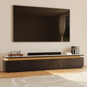 POVISON Fully Assembled 95" Mid-Century Modern TV Stand with LED Lights, White Glossy Sintered Stone Top Media Console for 85 Inch TV, Drop-Down Doors & Drawers, Open Storage for Living Room