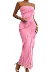 Femfady Pink Summer Dresses for Women 2024 Bodycon Strapless Off The Shoulder Ruffle Formal Wedding Guest Going Out Cocktail Dress S