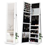 CASART Jewellery Cabinet, 3 in 1 Standing Jewelry Armoire with Full-Length Mirror and Storage Shelf, Lockable Jewellery Organiser for Earring Ring Necklace Cosmetics (Fixed White)