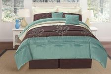 OctoRose ® Luxurious Queen (90x94) Aqua Blue/Brown/Beige Embroidery Comforter Set Bedding-in-a-Bag.