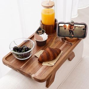 Nnewvante Couch Cup Holder Tray, 3 in 1 Large 15.36"x9.85" Acacia Wood Sofa Arm Clip on Tray Table with 360°Rotated Phone Holder on Armrest