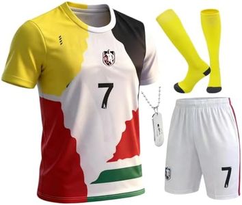 Kids Soccer Jersey Boys Youth Uniform Set - 4pc Soccer Kit with Jersey, Shorts, Socks & #7 Necklace for Ages 6-14 (RED WHITE BLACK GREEN YELLOW, 13-14 Years)