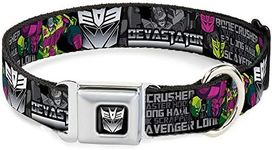 Buckle Down Seatbelt Buckle Dog Collar - Devastator Action Pose/Decepticon Logo/Constructicon Names Black/Silver-Fade - 1" Wide - Fits 11-17" Neck - Medium