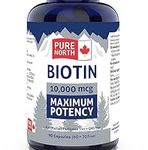 PURE Biotin 10,000 mcg Hair Skin and Nails 90 Caps - Biotin Vitamins for Hair Skin and Nails Supplement - Maximum Potency - PURE NORTH NATURALS 3rd Party Tested - Formulated & Made in Canada