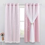 NICETOWN Pink Curtains for Kids 2 in 1 Double Layer Curtain Romantic Star Cutout Blackout Curtain White Sheer Overlay Nursery/Bedroom Decor (2 Panels, W52 x L63, Baby Pink, 4 Tiebacks)