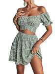 LYANER Women's 2 Piece Outfits Floral Off Shoulder Tie Up Crop Top and Mini Skirt Set, Green, M