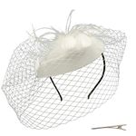 Umeepar Pillbox Fascinator Hat Wedding Kentucky Derby Tea Party Hat for Women Feather Headband Hair Clip with Veil (White)