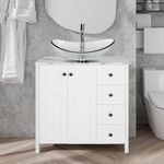 Puluomis 32 Inch Traditional Bathroom Vanity Set in White Finish, Single Bathroom Vanity with Marble Texture Top and 4 Drawers, Clear Boat Glass Sink Top with Single Faucet Hole