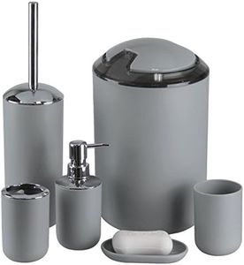 IMAVO Bathroom Accessories Set 6 Pcs Plastic Toothbrush HolderToothbrush CupSoap DispenserSoap DishToilet Brush and HolderWaste BinTumbler with Straw for Bathroom -Grey
