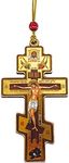 Three Bar Orthodox Cross Pendant Small Wooden Icon Cross Crucifix Save Us on the Back, For Car Room 3 3/4 Inch, Religious Gifts For Woman Man Kids