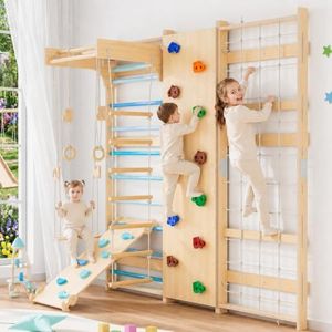 BlueWood 9-in-1 Swedish Ladder Jungle Gym, Toddler Climbing Toys Indoor & Rock Climbing Wall for Kids, Solid Wood & Wall-Mount, Space-Saving for Home Playroom, Versatile for All Age-Sky Blue