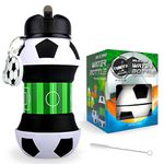 FUNKITZ Football Water Bottle - Collapsible Silicone Water Bottle with Football Keyring, Spout Cleaning Brush - 550ml - Football Gifts for Boys, and Girls