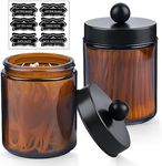 2 Pack Glass Apothecary Jars with Lids and Labels - Bathroom Counter Storage Jars, Qtip Holders Vanity Countertop Canisters (Amber)