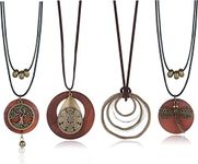 SAILIMUE 3/4Pcs Long Wooden Pendant Necklaces for Women Handmade Brown Sweater Necklace Set Bohemian Vintage Chunky Necklace Dragonfly Tree of Life Layered Necklace Women Fashion Jewelry