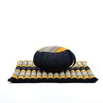 LEEWADEE Meditation Cushion Set – 1 Round Zafu Yoga Pillow and 1 Square Roll-Up Zabuton Mat Filled with Eco-Friendly Kapok, black orange